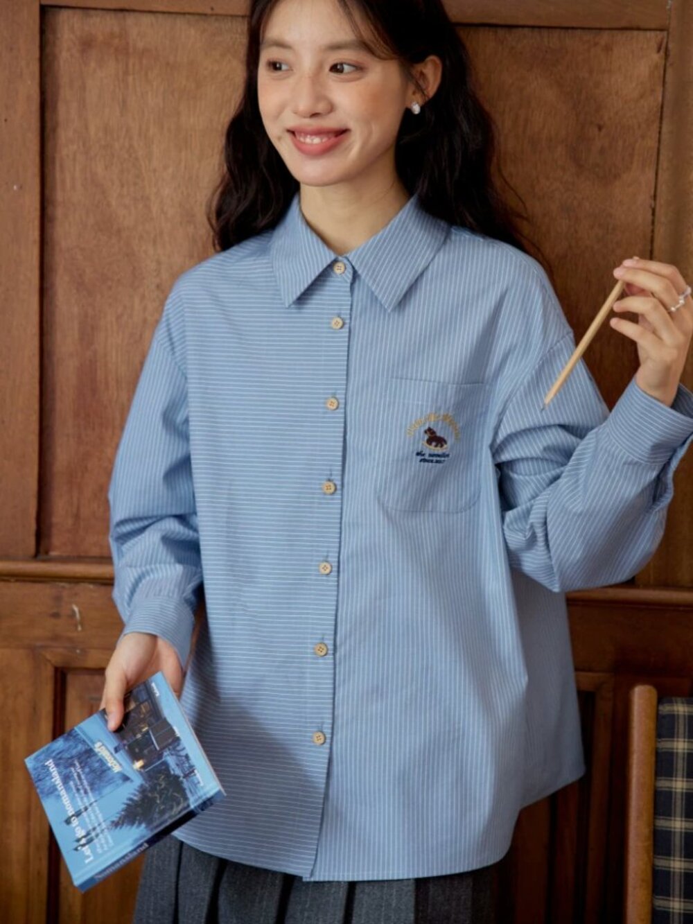 Nov eliste French Literary Style Blue Striped Embroidered Pocket Shirt Size S - Picture 2 of 7